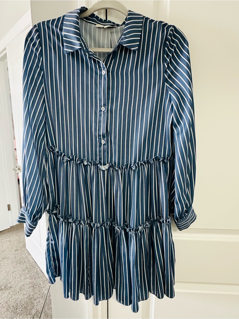 Maje Blue and White Vertical Stripe Button-Front Dress